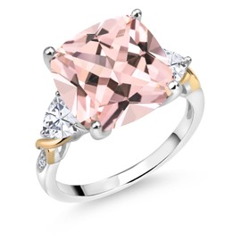 Gem Stone King 8.47 Cttw Peach Nano Morganite White Moissanite and Diamond Ring For Women In 925 Silver and 10K Yellow | 12MM Cushion and 5MM Trillion | Available in Size 5,6,7,8,9