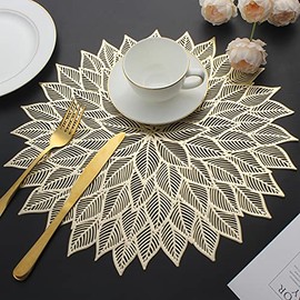 Juego de 6 manteles redondos con hojas y flores talladas, de vinilo prensado, decoración para mesa de comedor, fiestas, bodas, cenas, centro de mesa (oro)