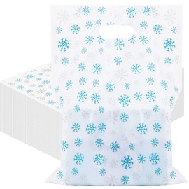 Frienda 100 Pcs Christmas Plastic Gift Bags Bulk 12 x 15 Inch Snowflake Goodie Bags Xmas Treat Bags with Handle Holiday Gift Bags for Small Business Shopping Christmas Party Favor(Blue and Silver)