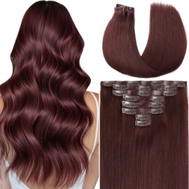 Loxxy Seamless Clip in Hair Extensions Human Hair Wine Red - 16 Inch 8 Pcs 110g Human Hair Extensions Clip Ins for Black Women - Natural Burgundy Color, Invisible PU Weft