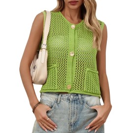 Saodimallsu Womens Crochet Sweater Vest Button Down Sleeveless Crew Neck Boho Knit Crop Tank Tops Summer Cardigans