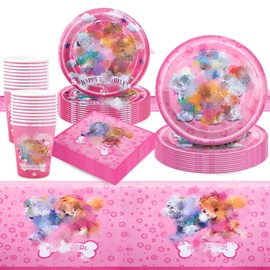 81Pcs Birthday Decorations, Pink Dog Party Decorations Kids' Party Tableware Set, Birthday Party Plates Cups and Napkins Tablecloth 20 Guests