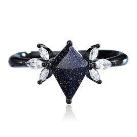 Redfishouse Statement Rings for Women - Vintage Eternity Promise Rings with a 7x10 Kite Shaped Blue Sandstone - Unique Black Engagement Rings for Her