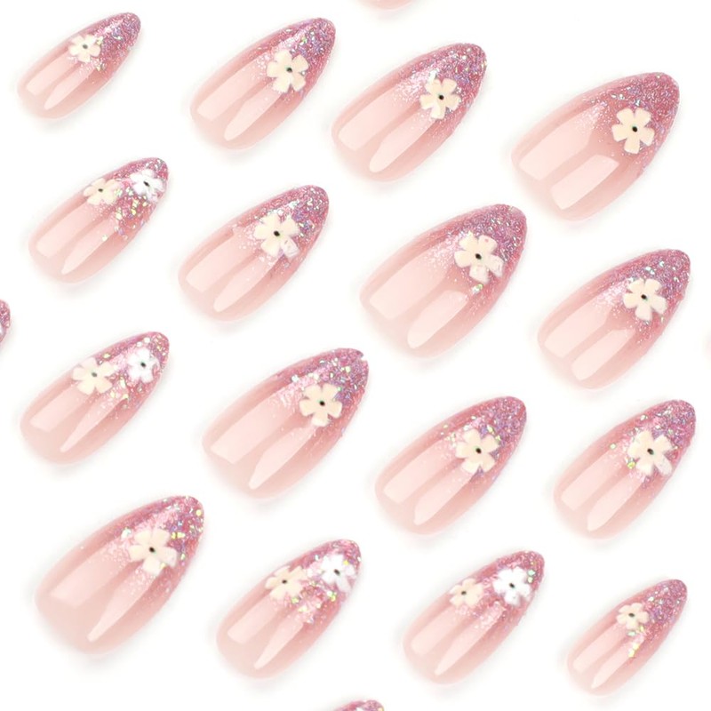 24 Pcs Pink Press on Nails Short Almond Nail Tips,YEFIUO
