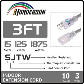 HONDERSON Extension Cord Weatherproof with Lighted End, UL Certified, 10 Gauge 3FT Grey 3 Prong Heavy Duty, 10/3 SJTW 15A Power Cord for Lights, Lawn