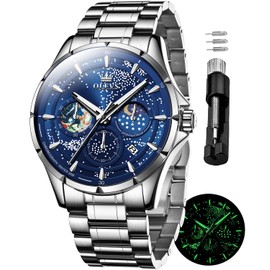 OLEVS Mens Watches Blue Starry Sky Moon Phase Dial Luxury Business Dress Analog Quartz Classic Casual Date Stainless Steel Wrist Watches Waterproof Luminous