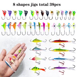 Bombite Ice Fishing Lures Ice Fishing Jigs Kit Glow Ice Fishing Jigs Heads Crappie Jigs Winter Fishing Hard Lures with Tackle Box 38 Packs