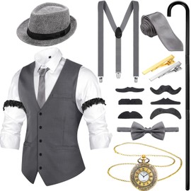 Hercicy 1920s Mens Costume Set, Gangster Vest Hat Suspenders Vintage Pocket Watch Halloween Cosplay Accessories(Medium,Gray)