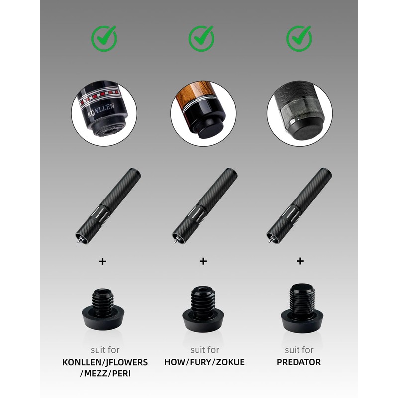 KONLLEN Threaded Carbon Fiber Pool Cue Extension with 3 Bumpers