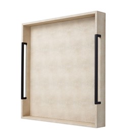 Sagala Extra Large 20" Square Ivory Shagreen Leather Ottoman Tray with Black Handles for Coffee Table, Versatile Decorative Serving Tray for Living Room(Ivory-Black, Square 20")