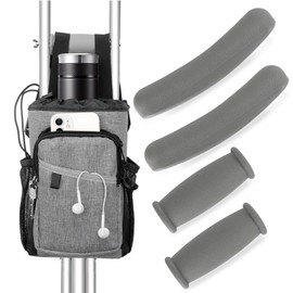 5 Pcs Crutch Bag Pouch Set, Crutch Pads and Bag, Hand Grips, Crutch Pads, Comfort Padding for Armpits, Zipper Crutches Accessories Caddy Storage Tote with Drink Holder, Fit for Standard Crutches