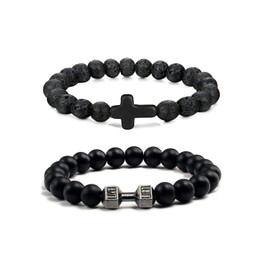 Black Charm Dumbbell Bracelet for Men Gym Bros Bracelet 8mm Natural Volcanic Lava Stone Stretch Beads Bracelet Gym Yoga Anxiety Beaded Bracelet Fitness Barbell Jewelry for Men (D)