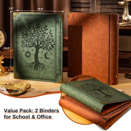 OVESMUSL 2 Pack PU Leather 3 Ring Binder, 2 Inch Green Brown | Fits 8.5x11 letter paper, holds 500 sheets, loose leaf organizer