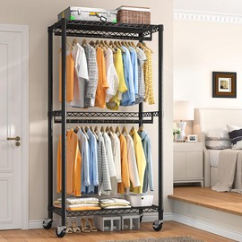 Raybee Clothes Rack 79''H Heavy Duty Clothing Rack with Wheels Adjustable Clothing Racks for Hanging Clothes Portable Rolling Clothes Rack Metal Garment Rack 79" H X35.5 W X15.7 D,Black