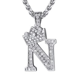 U7 Big A-Z Letter Pendant Men Women Stainless Steel Chain Bling Diamond Iced Out Crown Initial N Necklace 22-24 Inch