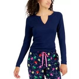 Jenni Women's Long Sleeve Ribbed Knit Split-Neck Pajama Top, Navy Blue, Medium