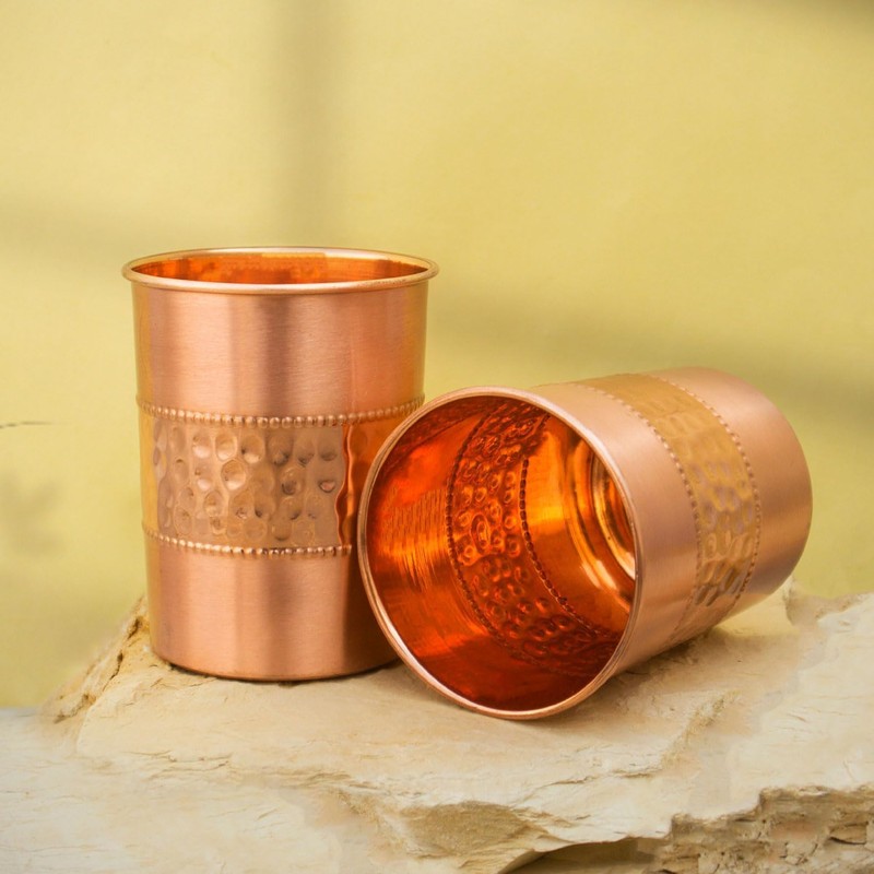 ANCIENTIMPEX Set of 2 Hammered and Plain Copper Cups 250ml
