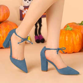 Allegra K Women's Ankle Tie Chunky Heel Pointed Toe Dress Haze Blue Pumps 6 M US