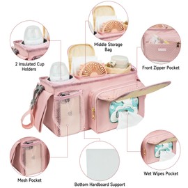 ZIOZERTT Universal Stroller Organizer with Insulated Cup Holder,Stroller Caddy Bag with Wet Wipes Pocket,Stroller Accessories Fits for Uppababy,Doona,Jogger,Britax,Mompush,BoB Strollers,Pink