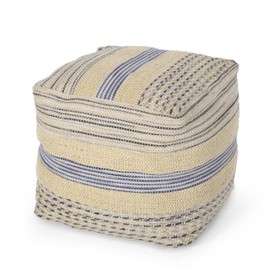 TREATLIFE HOME Seating Solution with Handcrafted Fabric Pouf, Durable Hemp and Wool Blend, Natural Blue, 16x16 inches
