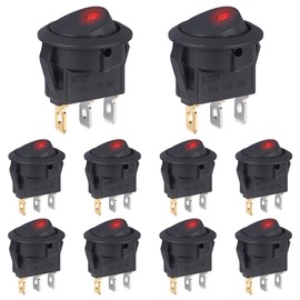 VEXUNGA Rocker Switch 12 V 20 A DC Switch 3-Pin Rocker Switch Illuminated Round with LED Red 12 Volt On/Off 2 Position Car Built-in Switch Self-Locking Square Round for Car Boat (Pack of 10)