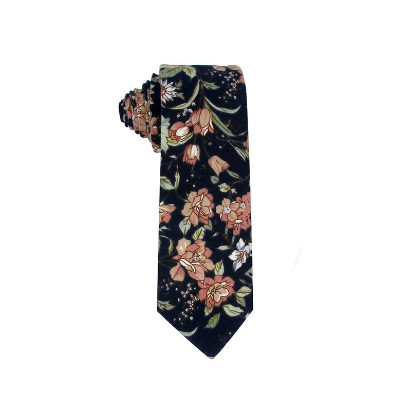 Kebocis Corbata delgada de algodón floral para hombre, Flores-azul marino
