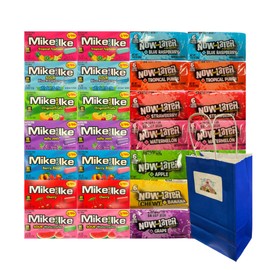 Assorted Fruity Chewy Candy Mix 28 Pack – 7 Flavors Mike and Ike & 7 Flavors Now and Later – 2 Each Flavor – Individually Wrapped – Party Treats, Gifts, Snacking – With Blue Paper Bag
