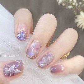 HAPVITAL 24 Pieces Popular Nail Tips, Nail Tips, Handmade Nail Tips, Glossy 3D, Japanese Style, Brides, Wedding False Nails, Nail Tips, Cute, Long, A2