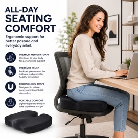 U-Shaped Memory Foam Seat Cushion – Non-Slip Coccyx & Hip Support Pad for Office Chairs, Cars, Wheelchairs & Travel