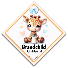 Grandchild on Board Car Sign, Cute Giraffe Design Baby on Board Sign, 14x14cm, Interior Suction Cup Window Display