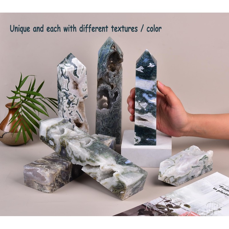 AMOYSTONE Natural Crystal Obelisk Moss Agate Gemstone Tower 1.3-1.7 LBS,