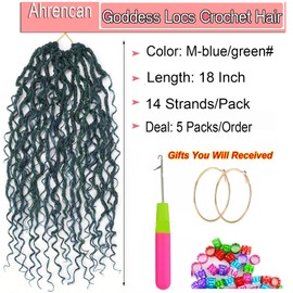 Goddess Locs Crochet Hair Blue&Green Mixed Color, 18 Inch Curly Faux Locs Crochet Hair For Women, Pre Looped Boho Hippie River Locs Crochet Hair,Synthetic Hair Braids(18 in, 5 Packs,Blue/Green#)