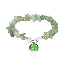Bohemian Gemstone Natural Stone Crystal Bead Bracelet Adjustable Boho Gravel Chip Evil Eye Charm Mushroom Bracelet for Women Friend Amulet Stackable Summer Beach Jewelry-G green-1