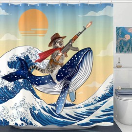 Accnicc Funny Cat Shower Curtain Cute Fun Nautical Cool Kids Shower Curtains for Bathroom Cat Riding Whale in Ocean Wave Waterproof Fabric Bath Curtain Decor 72x72 inch