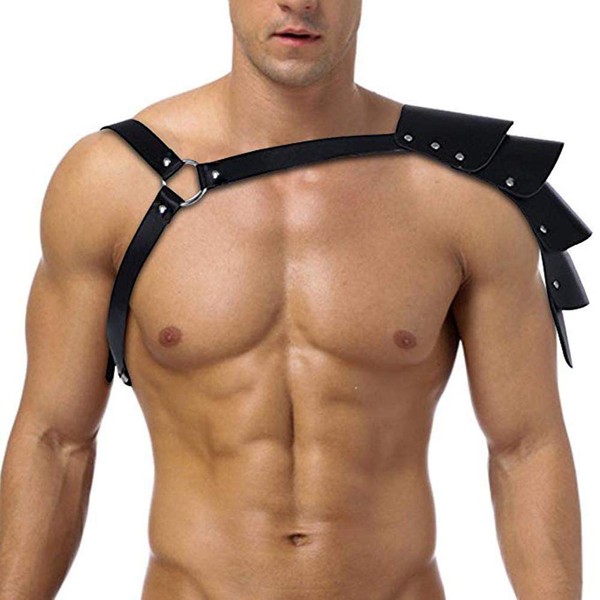 Men's Faux Leather Body Chest Harness Costume with Shoulder Armors Adjustable Buckles, Lm08