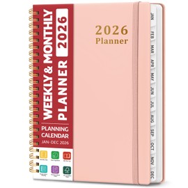 2026 Planner, Weekly and Monthly Planner, January 2026 - December 2026, Hardcover 2026 Calendar Planner Book with Tabs For Women & Men, Inner Pocket, Spiral Bound, Perfect for Office Home School Supplies - A5 (6.3" x 8.5"), Pink