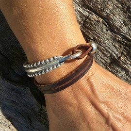 Leather Bracelets for Men Silver Beaded Bangle Bracelets Mens Beaded Bracelet Boho Leather Bracelets Christmas Jewelry Gift for Men