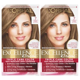 L'Oreal Paris Excellence Creme Permanent Hair Color, 7 Dark Blonde, 100 percent Gray Coverage Hair Dye, Pack of 2