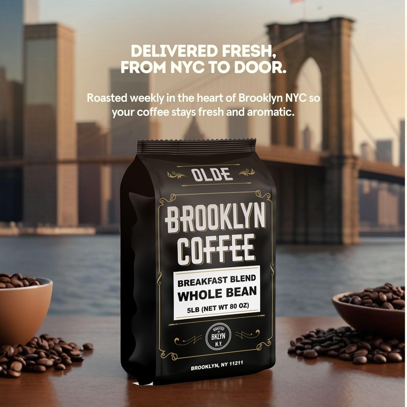 BROOKLYN COFFEE Whole Bean, Breakfast Blend Light Medium Roast (5lb)