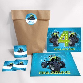 Set of 12 Invitation Cards, Envelopes, Bags, Natural, Stickers 4th Birthday Kids Boy Monster Truck Blue Monster Truck Car Invitations for Fourth Children's Birthday Party for Boys