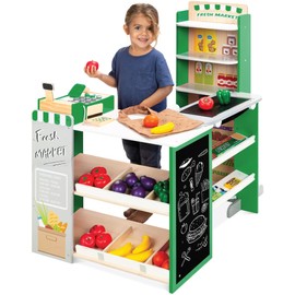 Best Choice Products Pretend Play Grocery Store Wooden Supermarket Toy Set for Kids w/Play Food, Chalkboard, Cash Register, Working Conveyor - Green