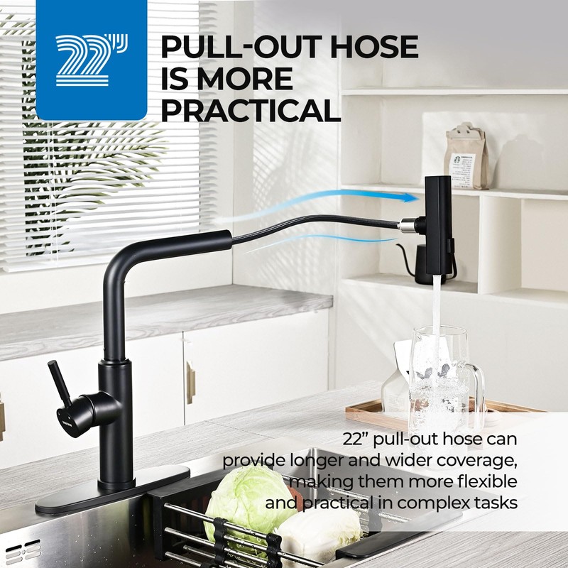 WEWE Waterfall Kitchen Faucet with Pull Down Sprayer, Black Kitchen
