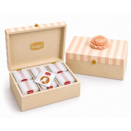 LAGG'S Home - Surtido de Tés Frutales en Caja Premium de Madera - 6 Sabores 100% Naturales: Fresa, Mandarina, Naranja, Durazno, Arándano y Vainilla - 72 Sobres (Beige con rosa)