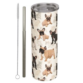 amepay French Bulldog Stainless Steel Insulated Tumbler with Lid - 20oz Cute Frenchie Dog Travel Mug, Reusable Metal Straw & Brush, Double-Wall Vacuum Bottle Cup for Hot Cold Drinks,Gifts