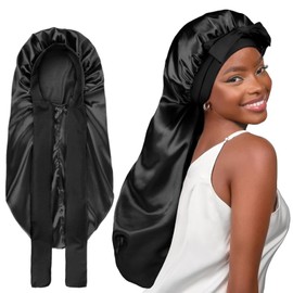 Silk Bonnet,Extra Long Satin Bonnet for Women,Adjustable Braid Large Bonnets With Tie Band,Soft Elastic Double Layer Sleeping Cap for Long Curly Hair,Thick Braids,Night Hair Protection,Girl Gift,Black