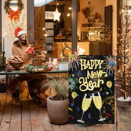Wodison Happy New Year Garden Flag 12X18 Inch Double Sided for Outside, Small Burlap Fireworks Cheers Celebration New Years Party Yard Decorative Flag
