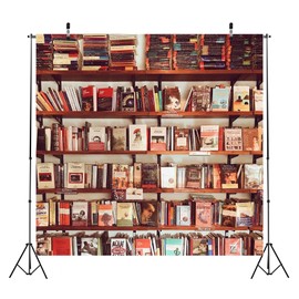 CORFOTO Fabric 5x5ft Bookshelf Backdrop Theme Photography Library Virtual Book Background for Blurred Graduation Party Office Vintage Wallpaper Video Conference YouTube Shooting Props