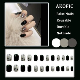 AKOFIC Pack of 24 Press on Nails, French Artificial Nails, Glue-On Nails with Jelly Nail Glue, White Pink Nude Glossy Ballerina Acrylic Fake Nails for Women and Girls (Black Silver Stitching)