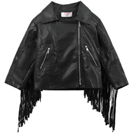 LJYH Girls Tassel Moto Faux Leather Short Jackets Classic Biker Fringe Cropped Coats