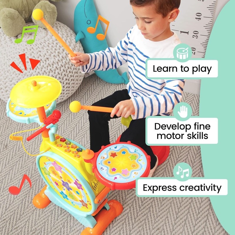 Prextex Kids Drum Set-Toddler Drum Set Includes Toy Microphone, Adjustable